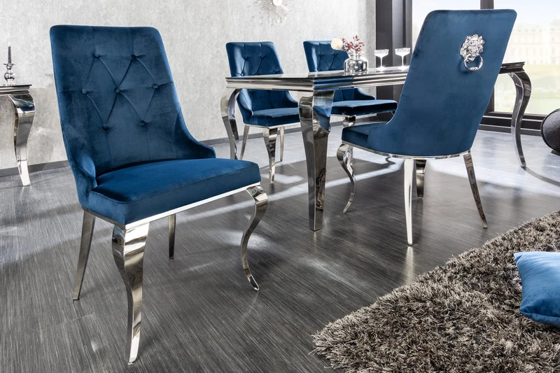 Lot de 2x chaises design MODERNE BAROQUE velours bleu roi avec tête de lion argentée