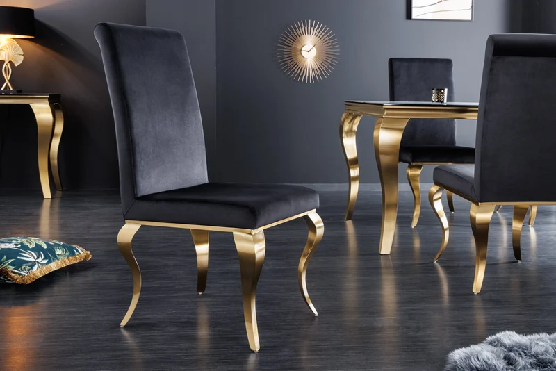 Lot de 2x chaises élégante MODERN BAROCK en velours noir, pieds en acier inoxydable