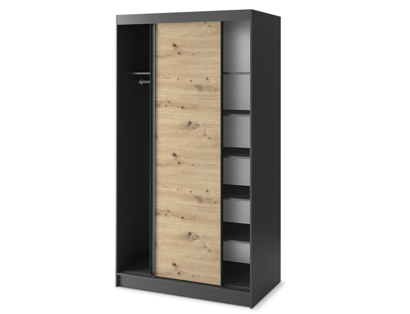 Armoire Dressing Coulissante 120 & 180 cm avec Miroir – Décor Chêne Artisan & Structure Noir Mat - VARELLA