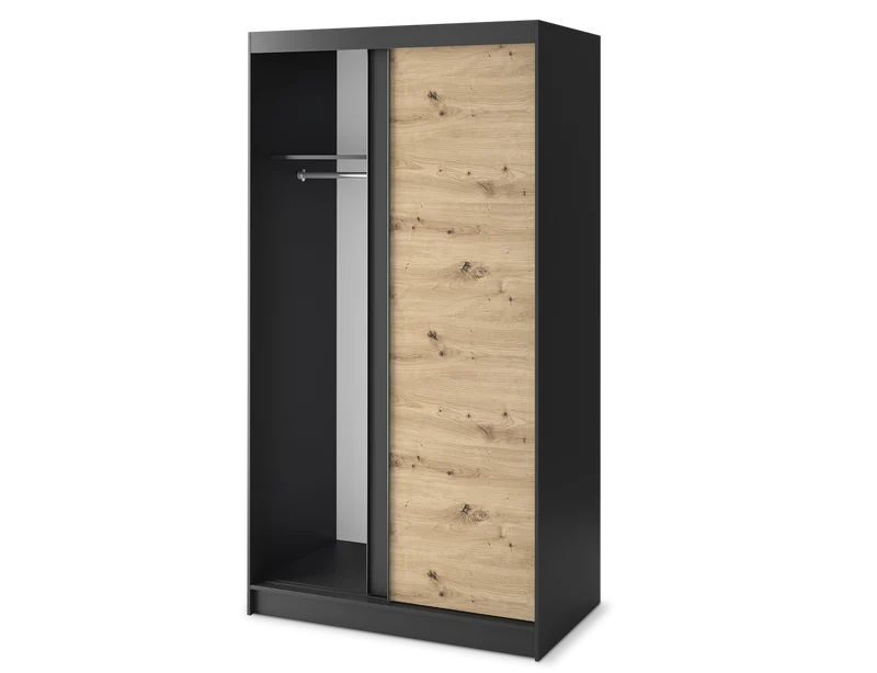 Armoire Dressing Coulissante 120 & 180 cm avec Miroir – Décor Chêne Artisan & Structure Noir Mat - VARELLA