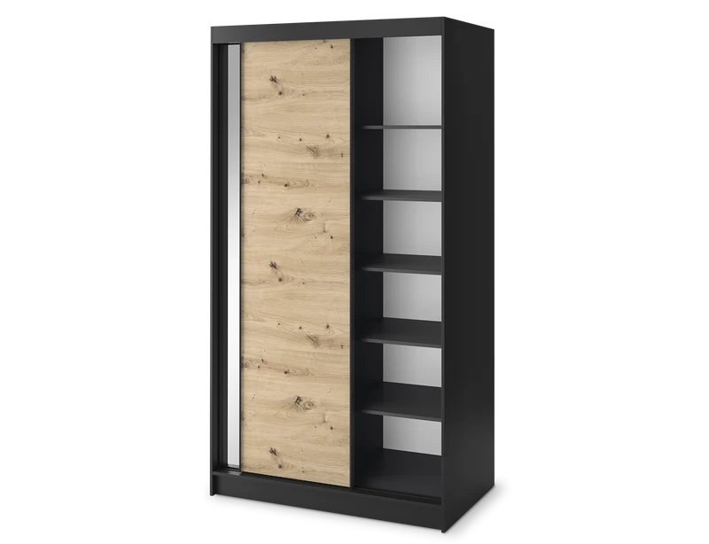 Armoire Dressing Coulissante 120 & 180 cm avec Miroir – Décor Chêne Artisan & Structure Noir Mat - VARELLA