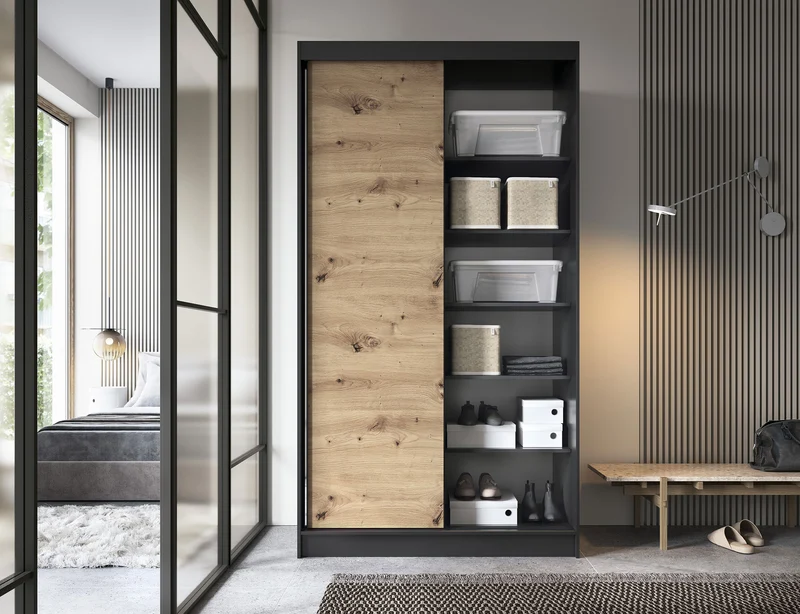 Armoire Dressing Coulissante 120 & 180 cm avec Miroir – Décor Chêne Artisan & Structure Noir Mat - VARELLA