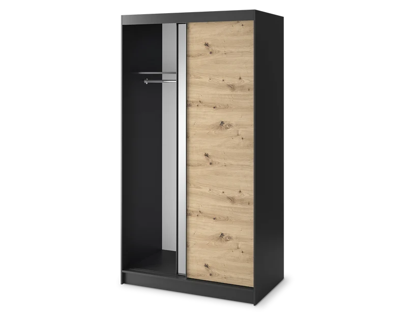 Armoire Dressing Coulissante 120 & 180 cm avec Miroir – Décor Chêne Artisan & Structure Noir Mat - VARELLA