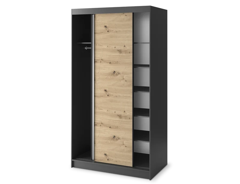 Armoire Dressing Coulissante 120 & 180 cm avec Miroir – Décor Chêne Artisan & Structure Noir Mat - VARELLA