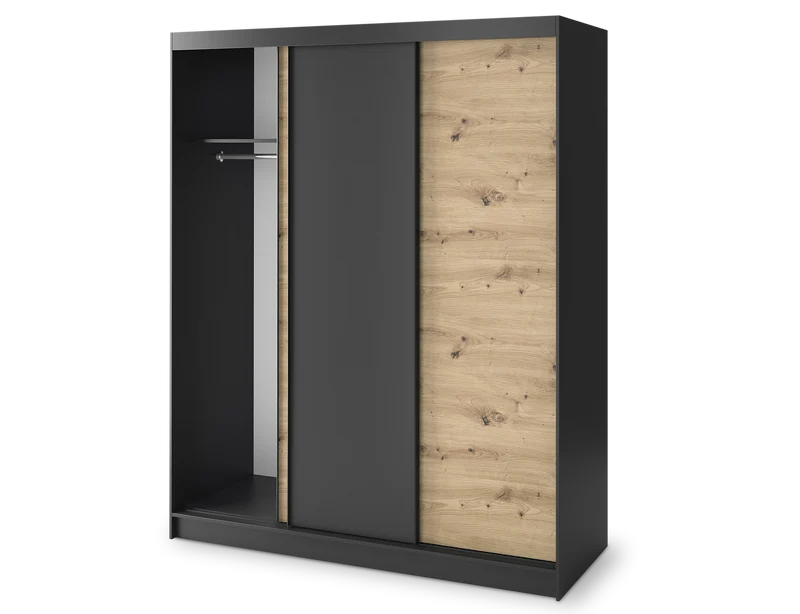 Armoire Dressing Coulissante 120 & 180 cm avec Miroir – Décor Chêne Artisan & Structure Noir Mat - VARELLA