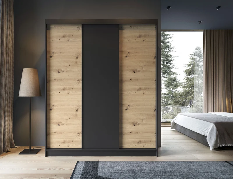 Armoire Dressing Coulissante 120 & 180 cm avec Miroir – Décor Chêne Artisan & Structure Noir Mat - VARELLA