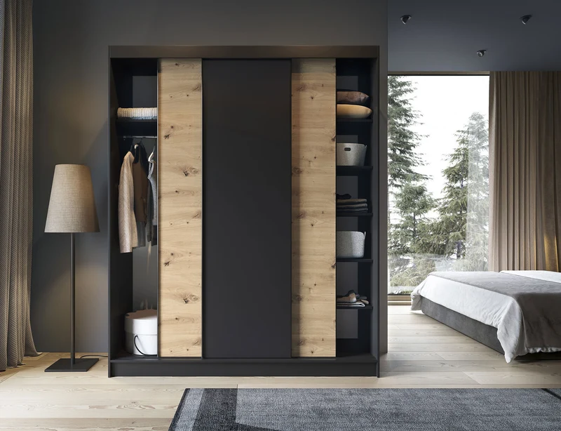 Armoire Dressing Coulissante 120 & 180 cm avec Miroir – Décor Chêne Artisan & Structure Noir Mat - VARELLA