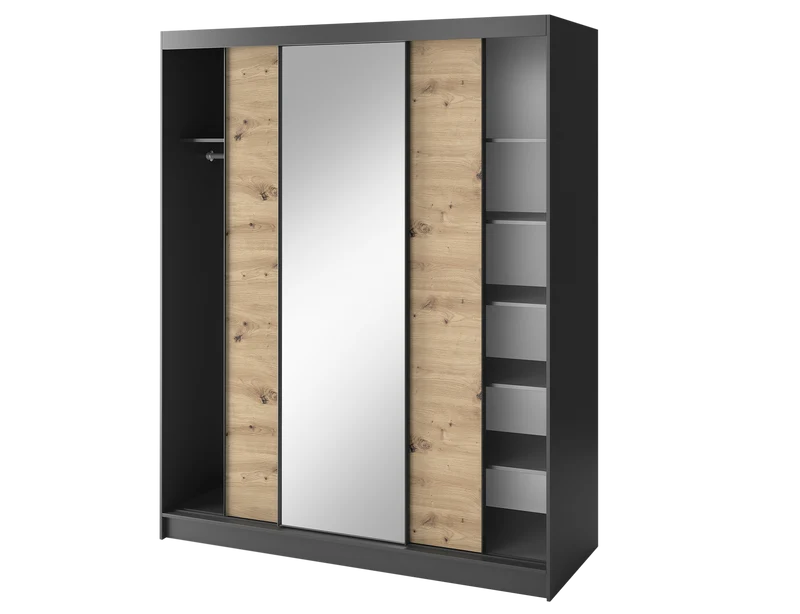 Armoire Dressing Coulissante 120 & 180 cm avec Miroir – Décor Chêne Artisan & Structure Noir Mat - VARELLA