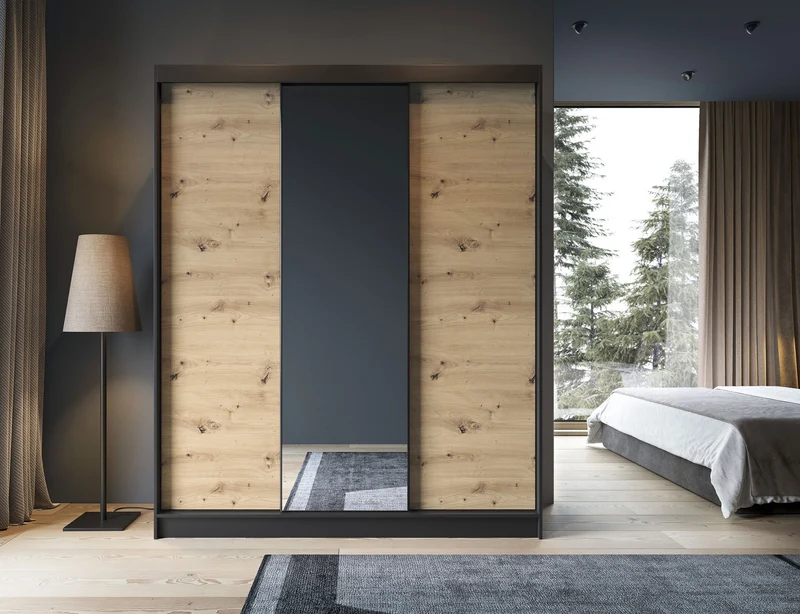 Armoire Dressing Coulissante 120 & 180 cm avec Miroir – Décor Chêne Artisan & Structure Noir Mat - VARELLA