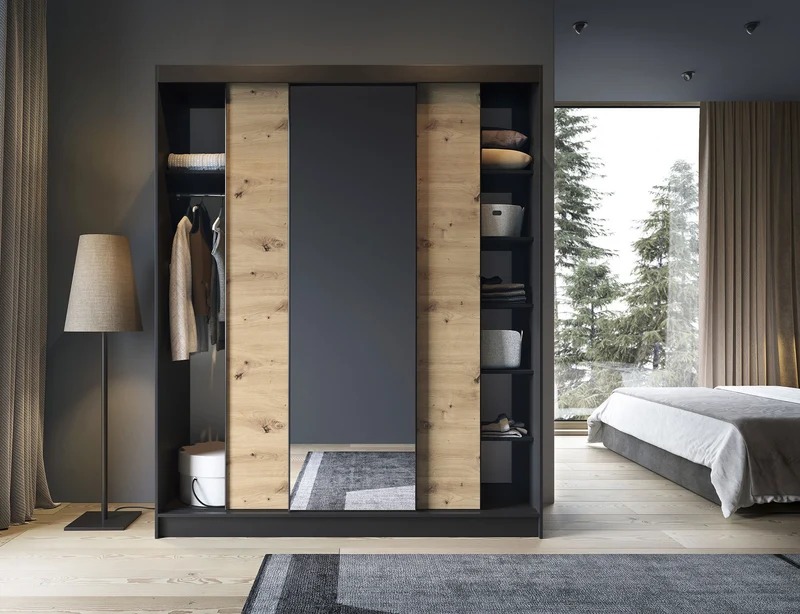 Armoire Dressing Coulissante 120 & 180 cm avec Miroir – Décor Chêne Artisan & Structure Noir Mat - VARELLA