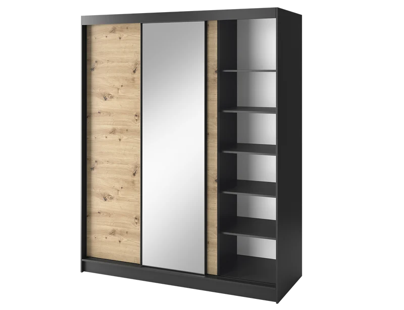 Armoire Dressing Coulissante 120 & 180 cm avec Miroir – Décor Chêne Artisan & Structure Noir Mat - VARELLA