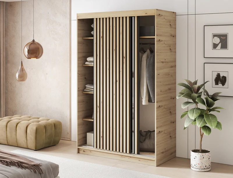 Armoire Dressing Coulissante 120 / 180 cm avec Miroir – Décor Chêne Artisan & Façades Lattes Modernes - LIGNARO