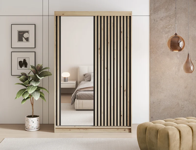 Armoire Dressing Coulissante 120 / 180 cm avec Miroir – Décor Chêne Artisan & Façades Lattes Modernes - LIGNARO