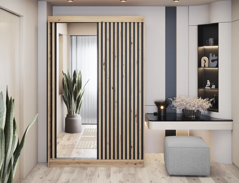 Armoire Dressing Coulissante 120 / 180 cm avec Miroir – Décor Chêne Artisan & Façades Lattes Modernes - LIGNARO