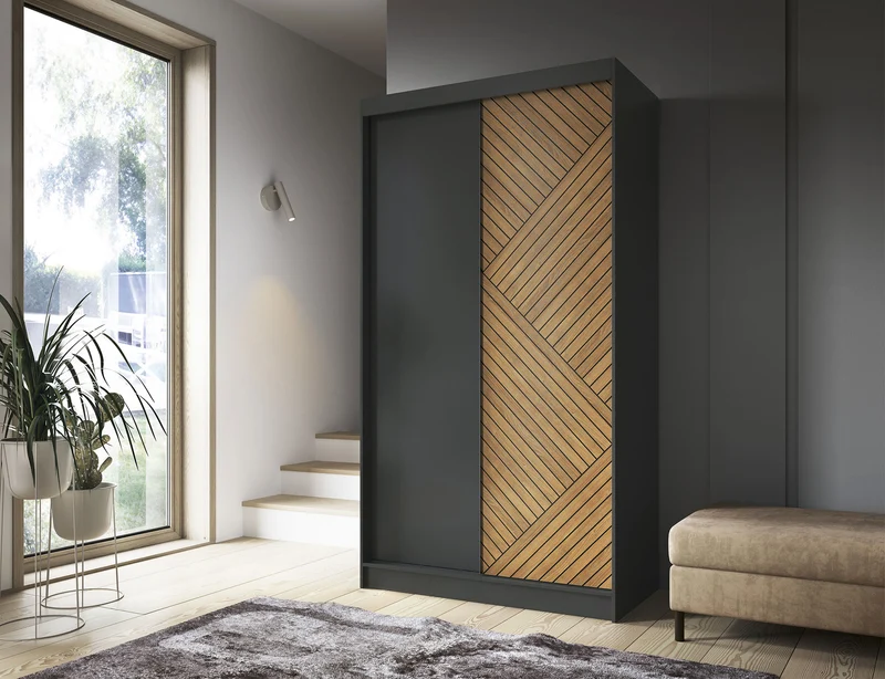 Armoire Dressing Coulissante 120 & 180 cm – Noir & Chêne Caramel – Miroir en option – CARVANO