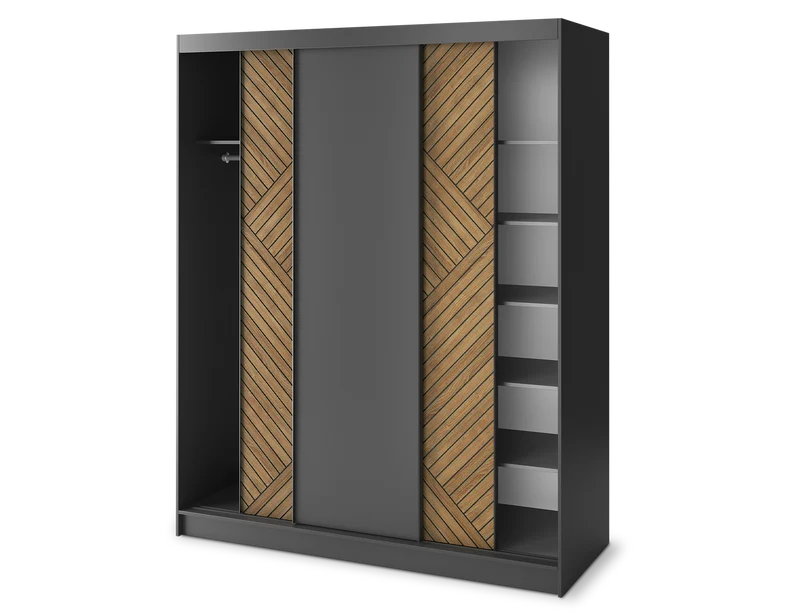 Armoire Dressing Coulissante 120 & 180 cm – Noir & Chêne Caramel – Miroir en option – CARVANO