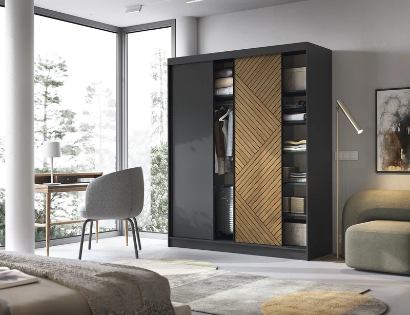 Armoire Dressing Coulissante 120 & 180 cm – Noir & Chêne Caramel – Miroir en option – CARVANO