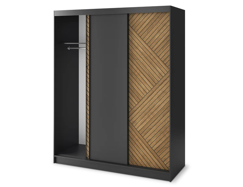 Armoire Dressing Coulissante 120 & 180 cm – Noir & Chêne Caramel – Miroir en option – CARVANO