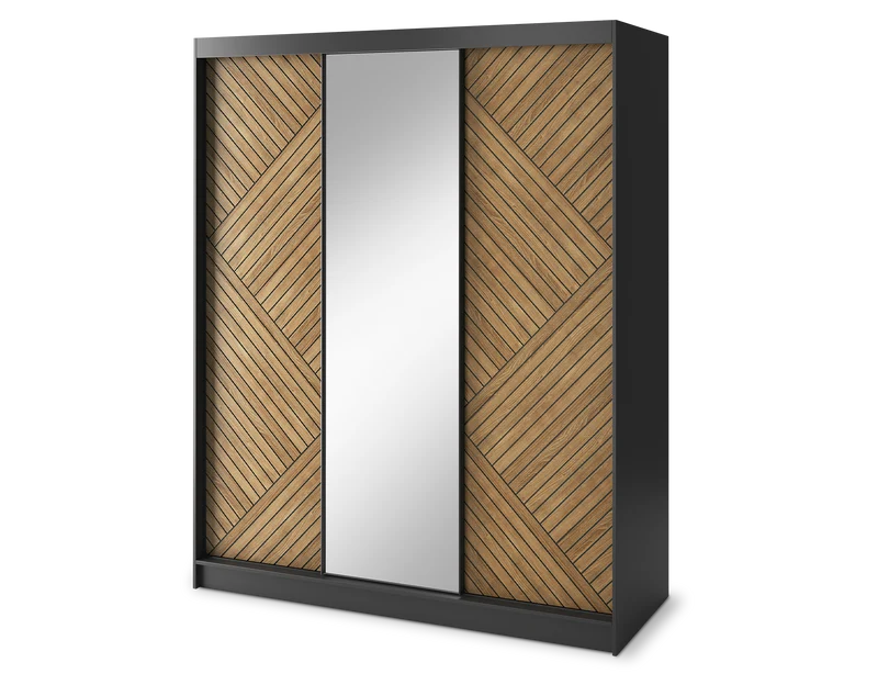 Armoire Dressing Coulissante 120 & 180 cm – Noir & Chêne Caramel – Miroir en option – CARVANO