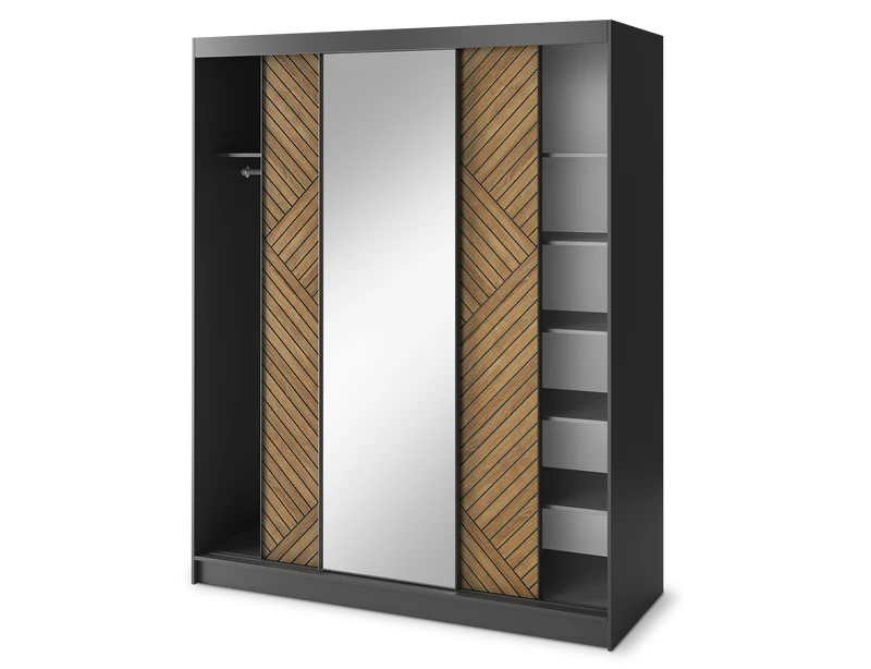 Armoire Dressing Coulissante 120 & 180 cm – Noir & Chêne Caramel – Miroir en option – CARVANO