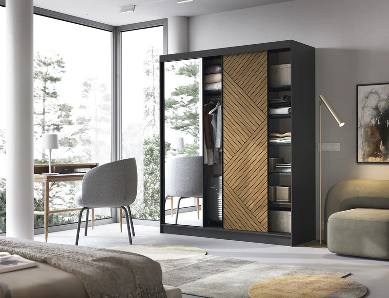 Armoire Dressing Coulissante 120 & 180 cm – Noir & Chêne Caramel – Miroir en option – CARVANO