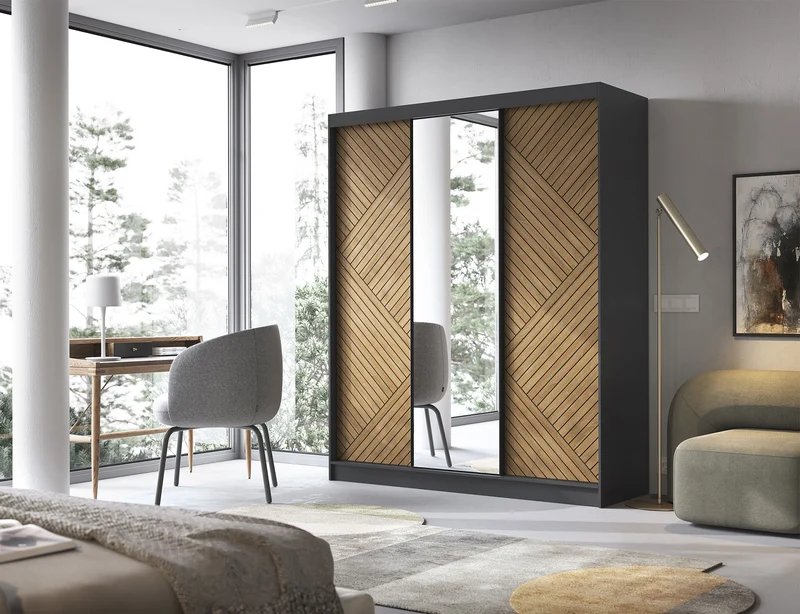 Armoire Dressing Coulissante 120 & 180 cm – Noir & Chêne Caramel – Miroir en option – CARVANO