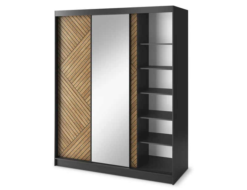 Armoire Dressing Coulissante 120 & 180 cm – Noir & Chêne Caramel – Miroir en option – CARVANO