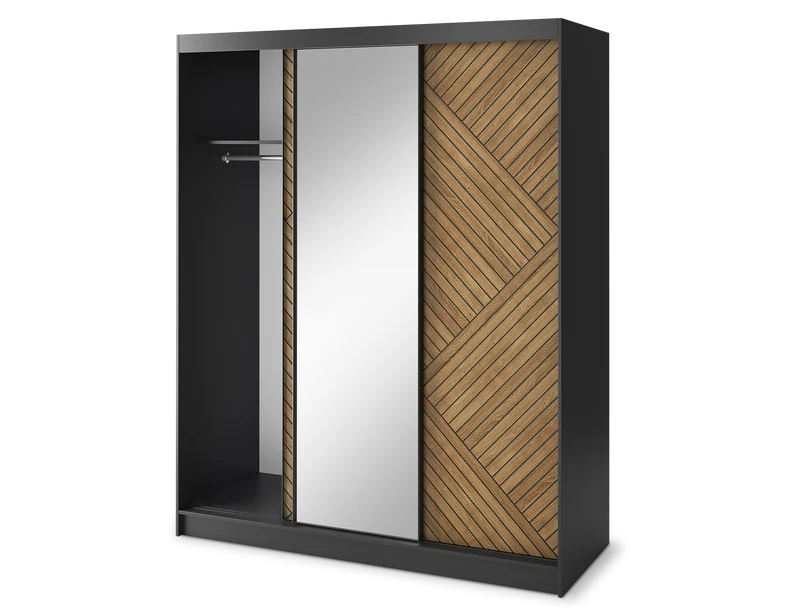 Armoire Dressing Coulissante 120 & 180 cm – Noir & Chêne Caramel – Miroir en option – CARVANO