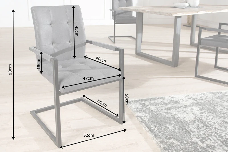 Lot de 2x chaises cantilever design OXFORD gris vintage avec accoudoirs et structure en fer