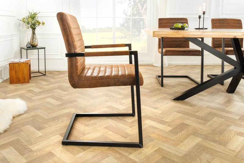 Lot de 2x chaises cantilever industrielle LOFT vintage en microfibre marron avec accoudoirs en acier inoxydable