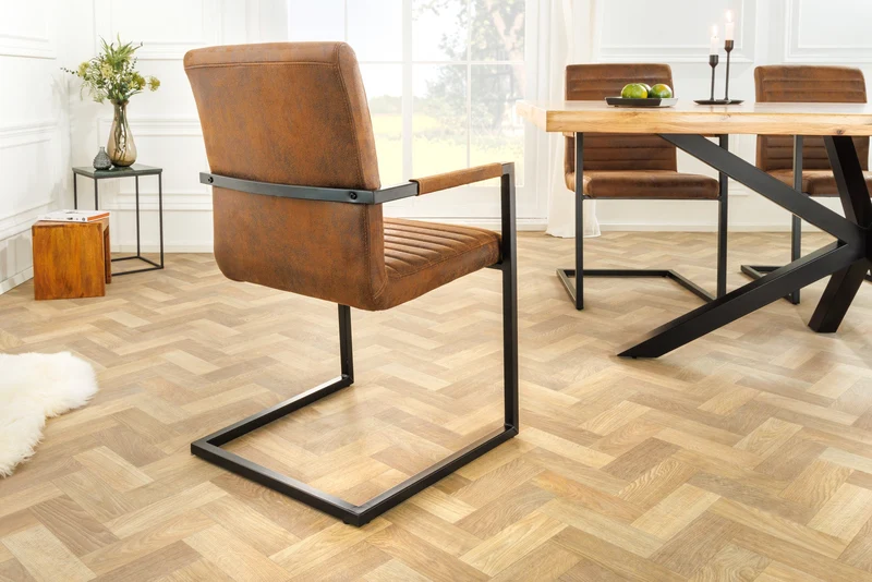 Lot de 2x chaises cantilever industrielle LOFT vintage en microfibre marron avec accoudoirs en acier inoxydable