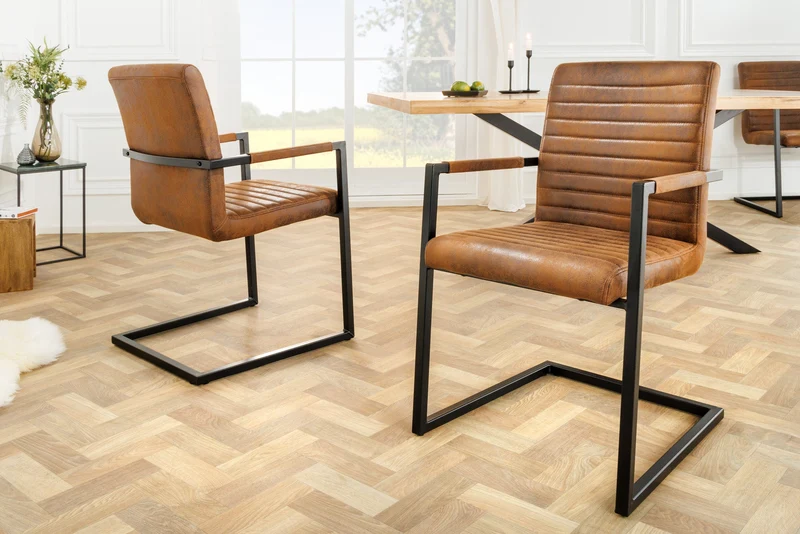 Lot de 2x chaises cantilever industrielle LOFT vintage en microfibre marron avec accoudoirs en acier inoxydable