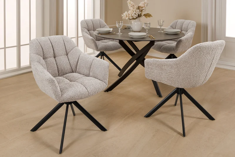 Lot de 2x chaises pivotante PAPILLON en bouclé beige avec accoudoirs, structure en métal noir
