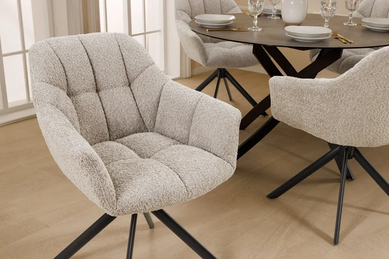 Lot de 2x chaises pivotante PAPILLON en bouclé beige avec accoudoirs, structure en métal noir
