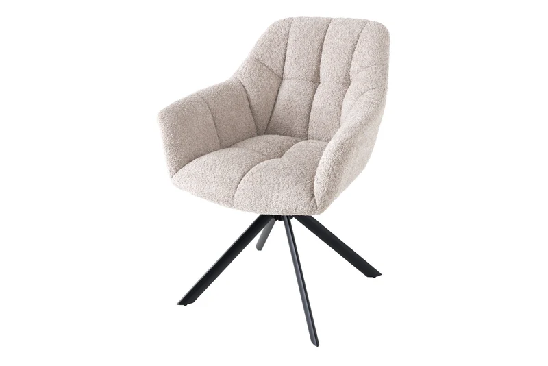 Lot de 2x chaises pivotante PAPILLON en bouclé beige avec accoudoirs, structure en métal noir