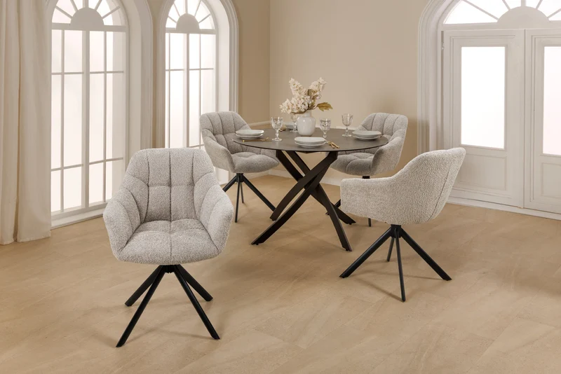 Lot de 2x chaises pivotante PAPILLON en bouclé beige avec accoudoirs, structure en métal noir