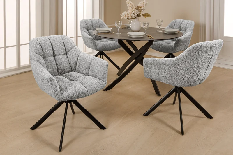 Lot de 2x chaises pivotante PAPILLON en bouclé gris avec accoudoirs, structure en métal noir