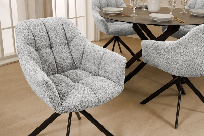 Lot de 2x chaises pivotante PAPILLON en bouclé gris avec accoudoirs, structure en métal noir