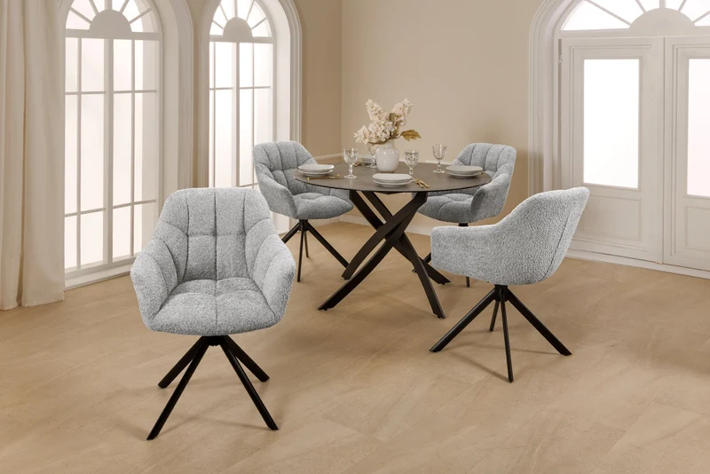 Lot de 2x chaises pivotante PAPILLON en bouclé gris avec accoudoirs, structure en métal noir
