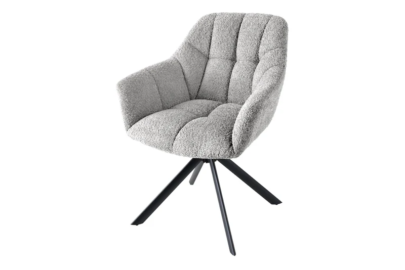 Lot de 2x chaises pivotante PAPILLON en bouclé gris avec accoudoirs, structure en métal noir