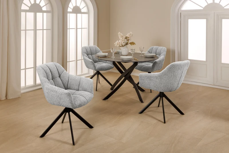 Lot de 2x chaises pivotante PAPILLON en bouclé gris avec accoudoirs, structure en métal noir