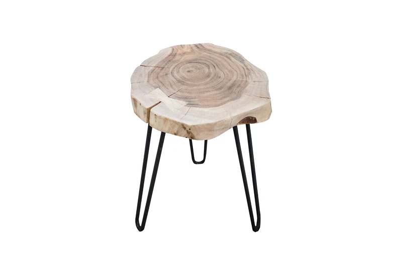 Table d'appoint en bois massif GOA 40cm tronc d'acacia naturel pieds épingle à cheveux en métal noir