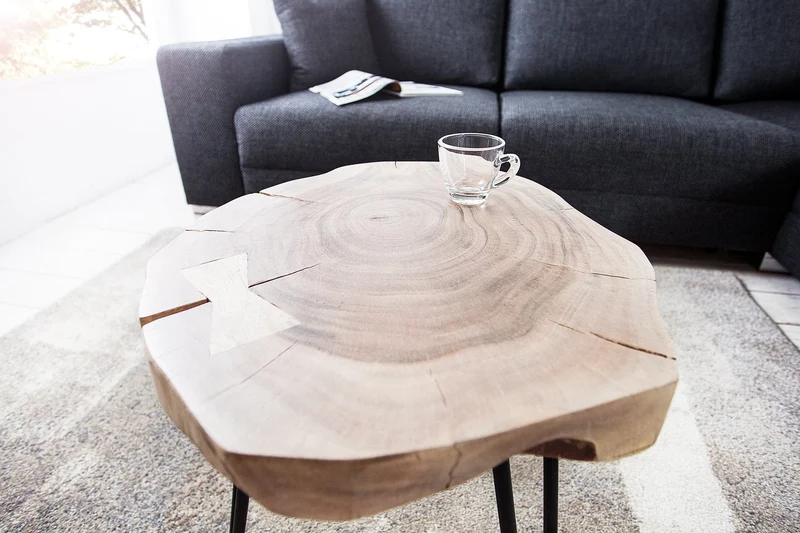 Table d'appoint en bois massif GOA 40cm tronc d'acacia naturel pieds épingle à cheveux en métal noir