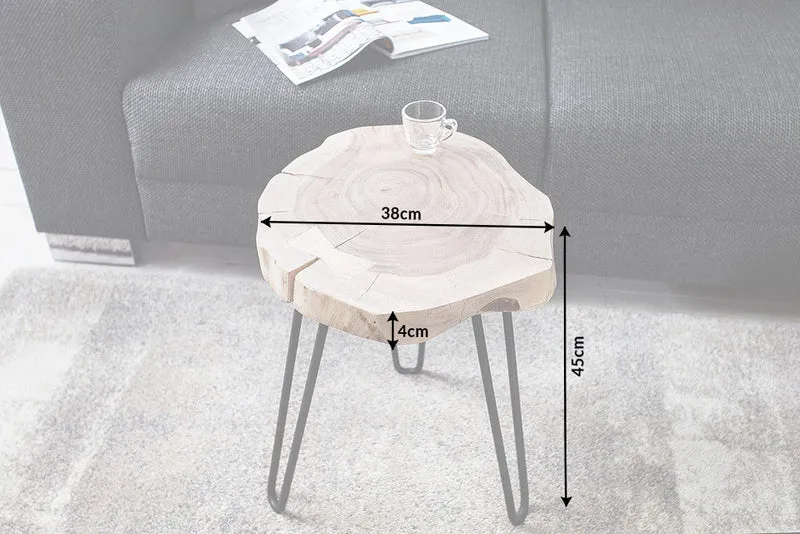 Table d'appoint en bois massif GOA 40cm tronc d'acacia naturel pieds épingle à cheveux en métal noir