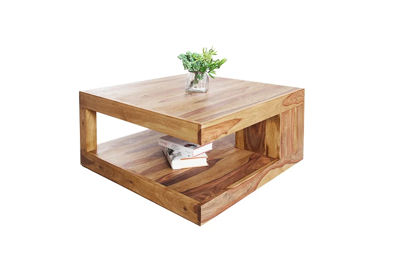 Table basse design GIANT 80cm en bois massif de Sheesham marron finition pierre avec étagère