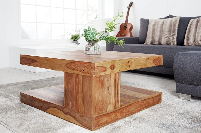 Table basse design GIANT 80cm en bois massif de Sheesham marron finition pierre avec étagère