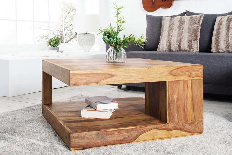 Table basse design GIANT 80cm en bois massif de Sheesham marron finition pierre avec étagère