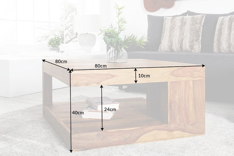 Table basse design GIANT 80cm en bois massif de Sheesham marron finition pierre avec étagère