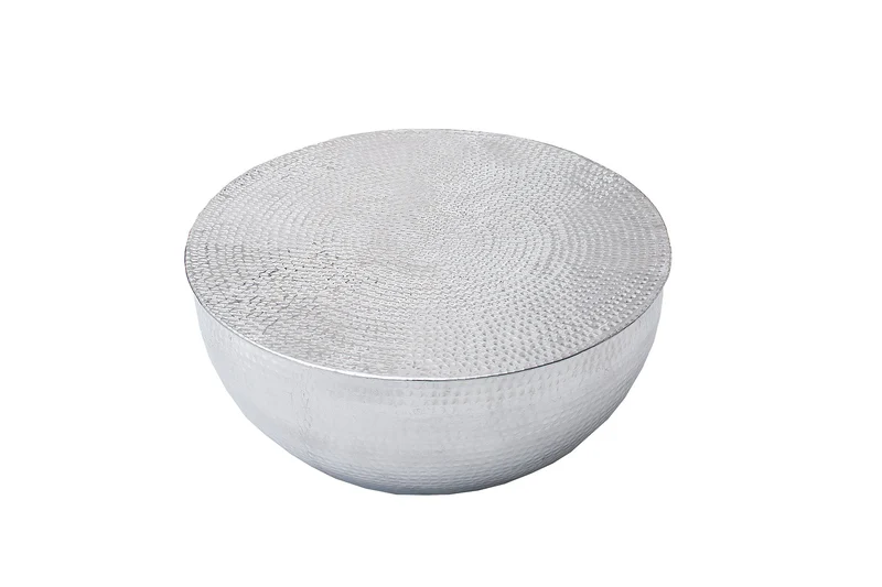 Table basse ronde ORIENT II 60cm métal argenté aluminium martelé design fait main