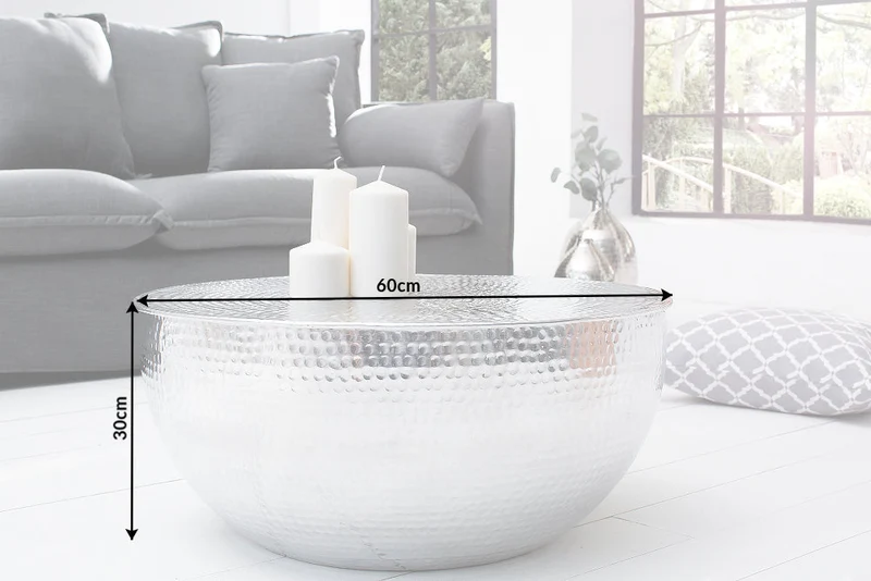 Table basse ronde ORIENT II 60cm métal argenté aluminium martelé design fait main